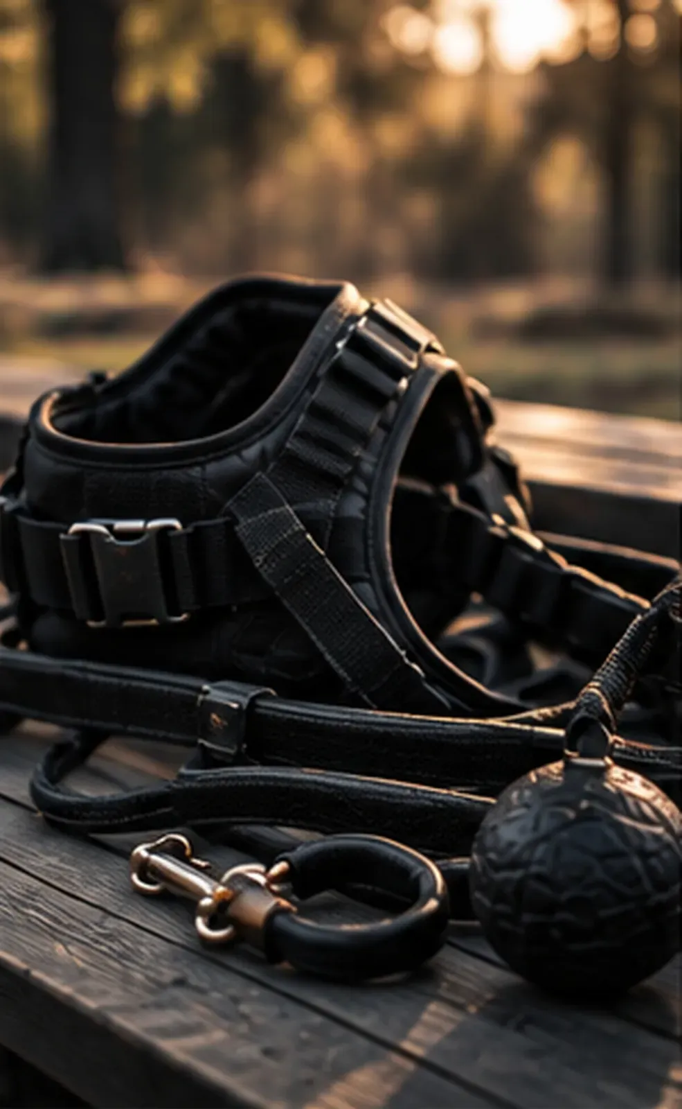 A harness, leash and ball laid out on a wooden table