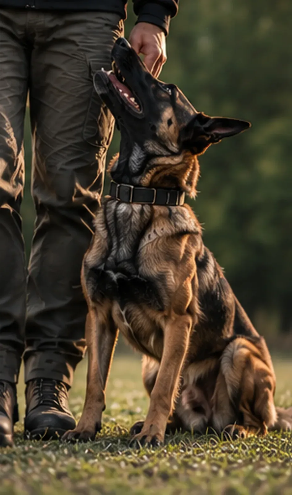 A Malinois sitting at the handler’s leg, looking up