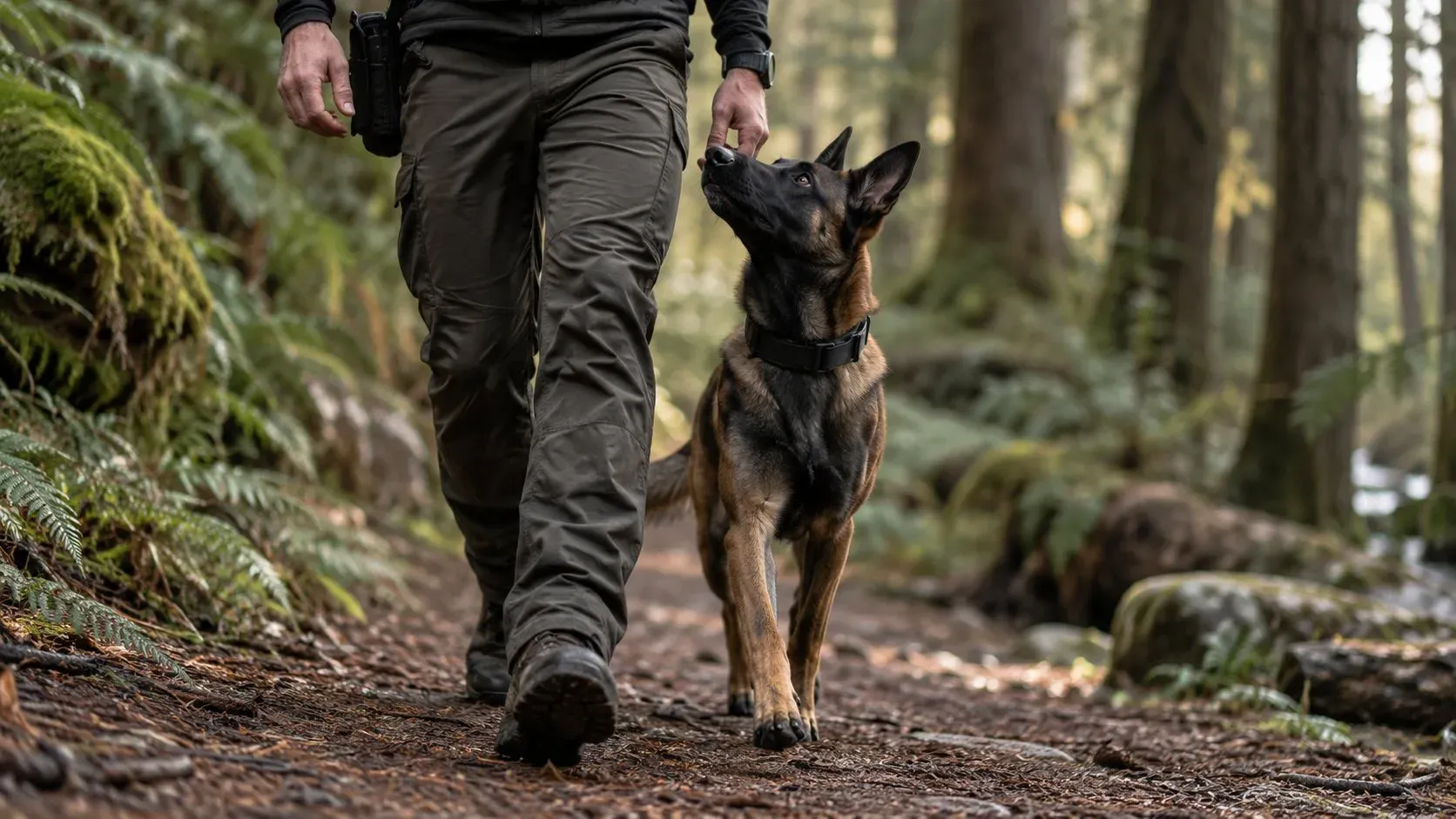 A handler walking a forest trail with a Malinois at heel, looking up