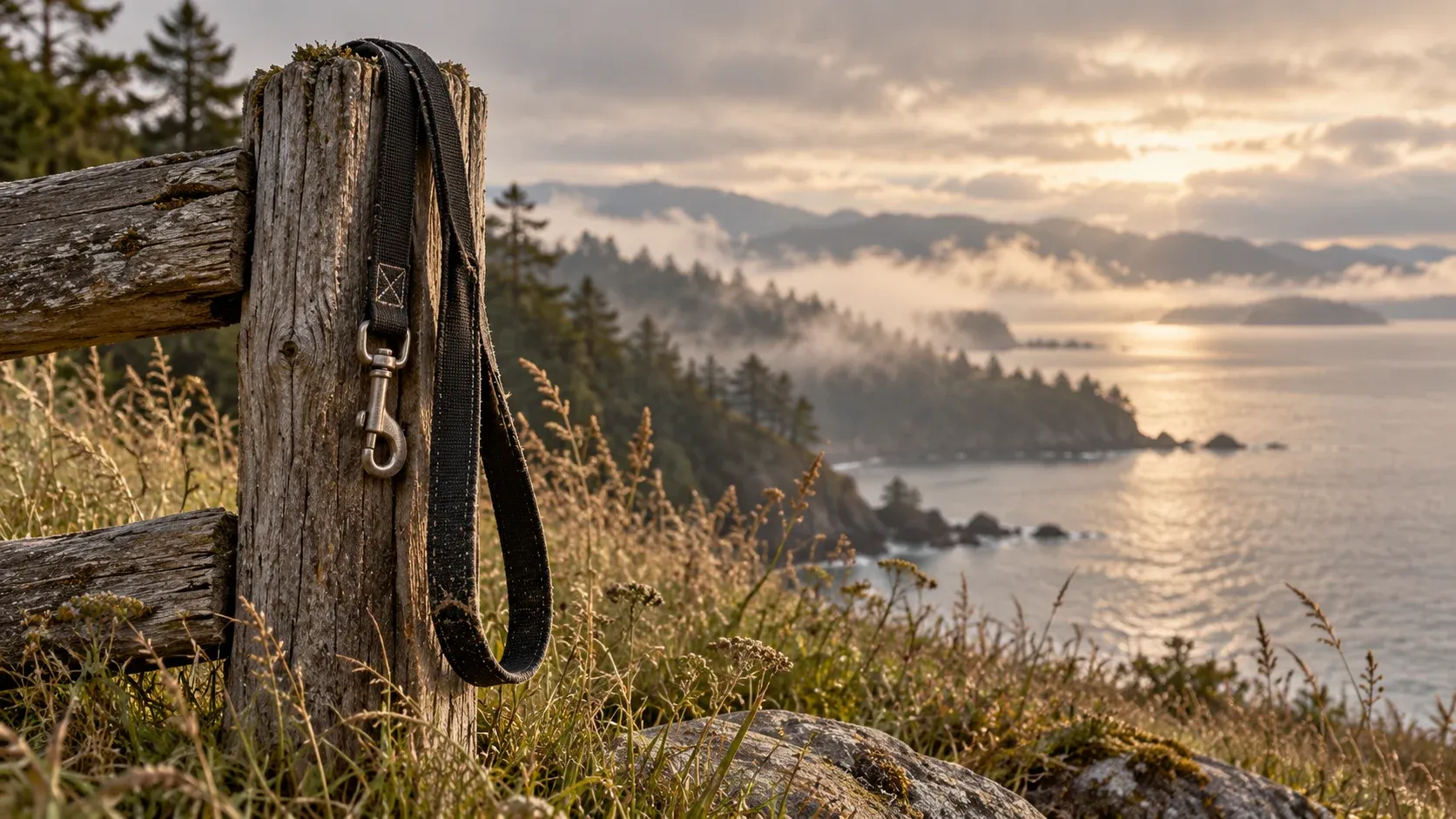 An empty leash hanging on a weathered fence post above the coast at sunrise